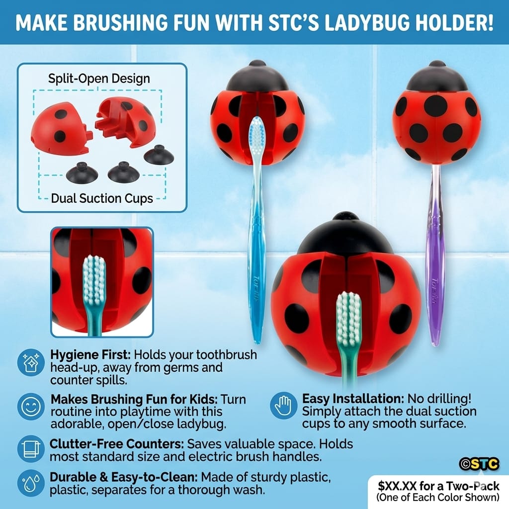 2 Pcs Ladybug Wall Mounted Toothbrush Holder- Easy Lock/Unlock -Black &Red